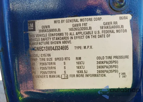 2004 Chevrolet Tahoe Ls from USA, damaged, VIN 1GNEC13V04J324695